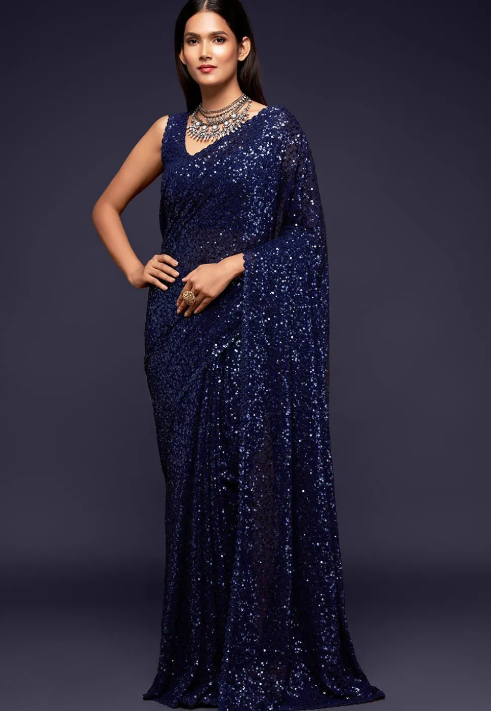Sequinned Georgette Saree in Navy Blue