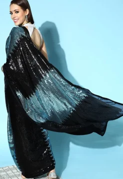 Sequinned Georgette Saree in Black and Sky Blue