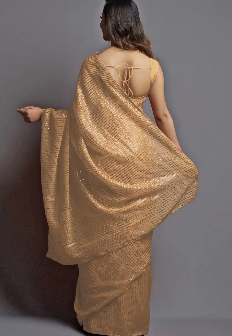 Sequinned Georgette Saree in Beige