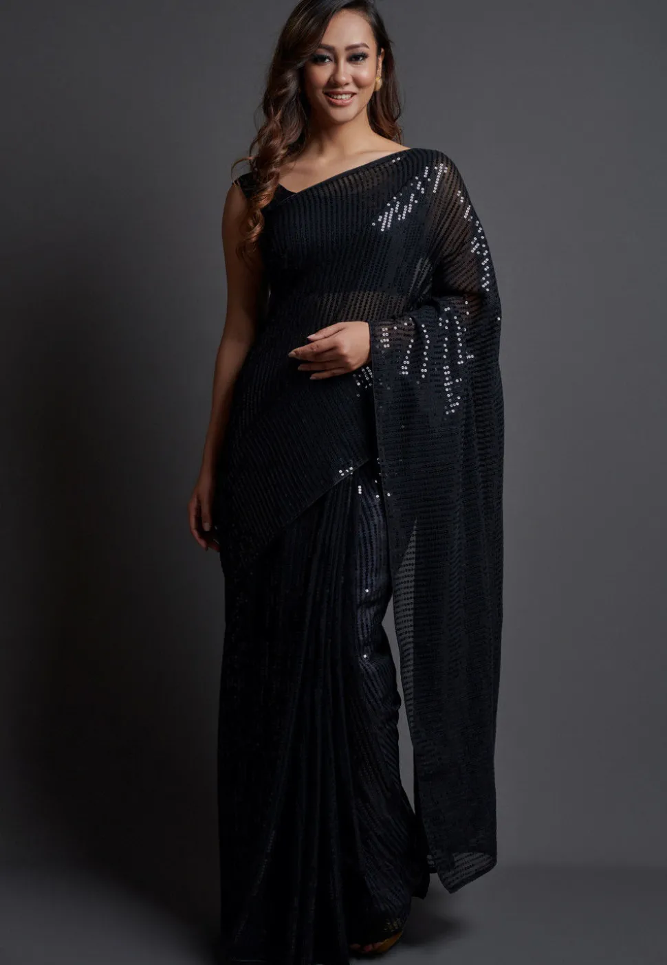 Sequinned Georgette Saree in Black