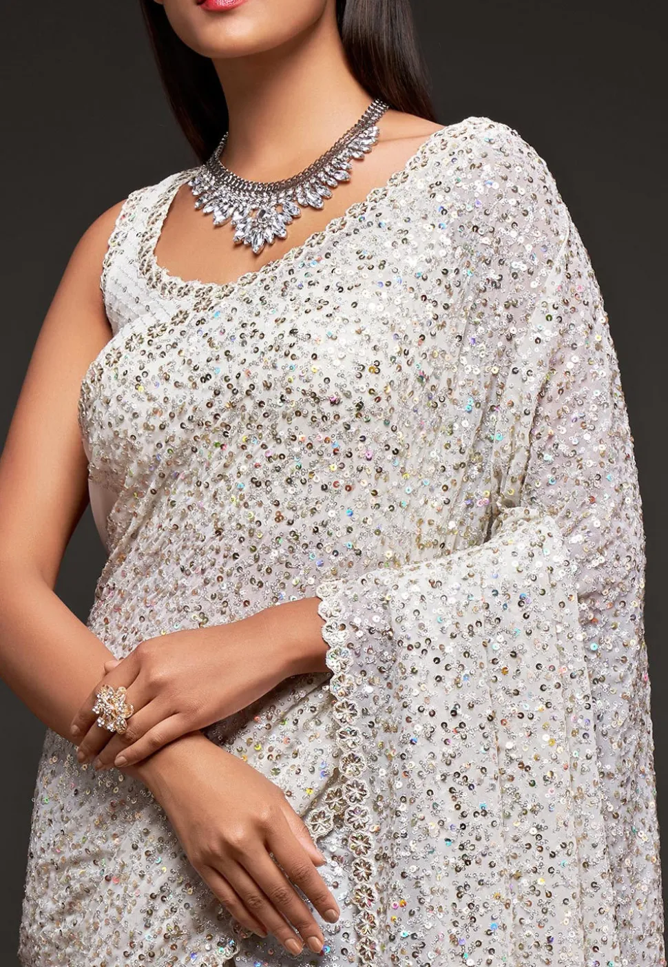 Sequinned Georgette Saree in Off White