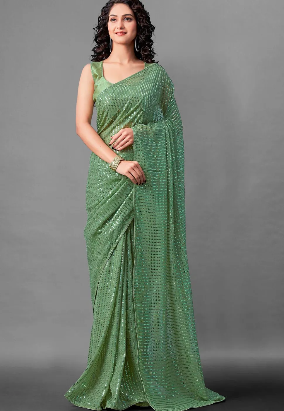 Sequinned Georgette Saree in Light Green
