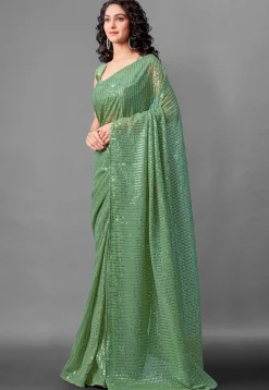 Sequinned Georgette Saree in Light Green
