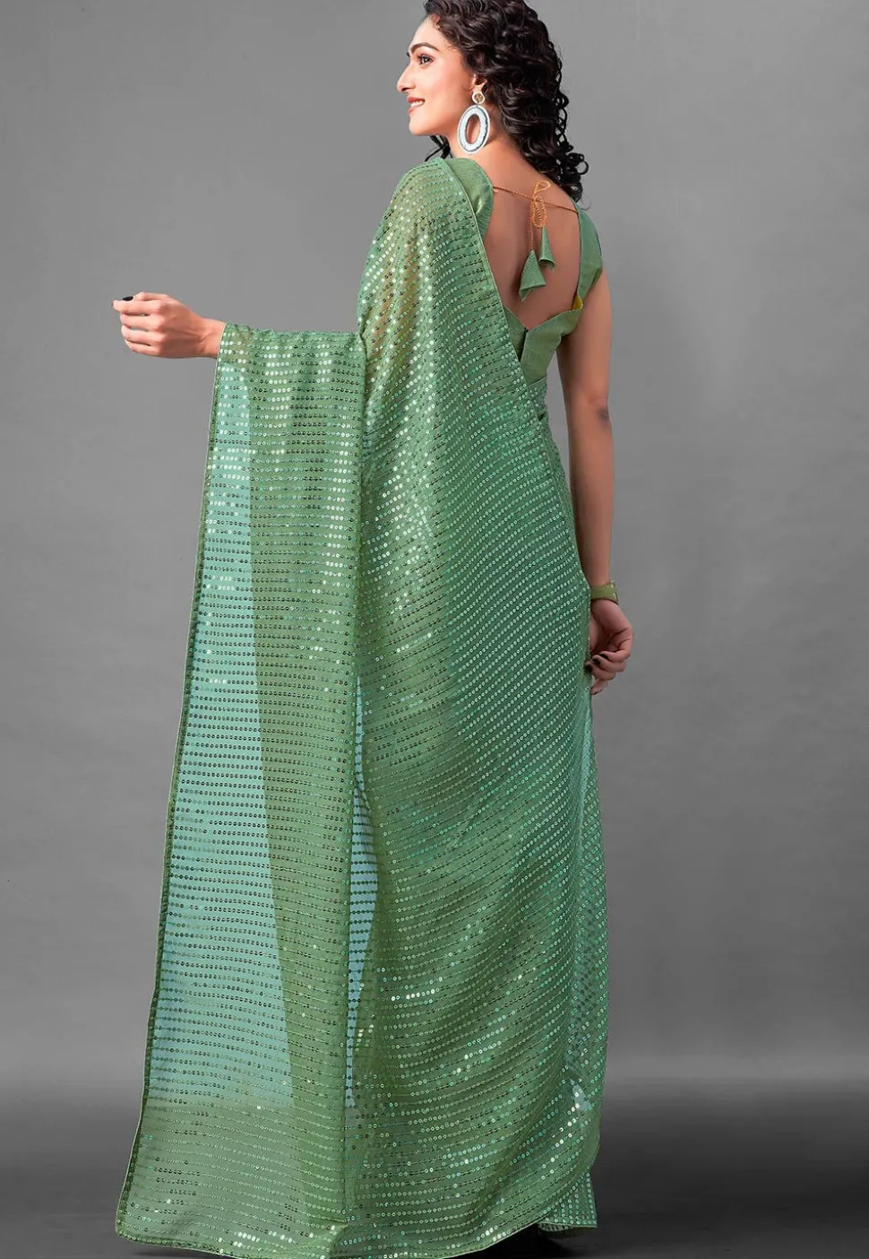Sequinned Georgette Saree in Light Green