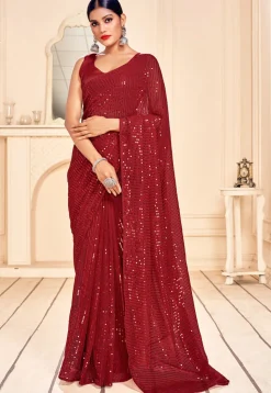 Sequinned Georgette Saree in Maroon