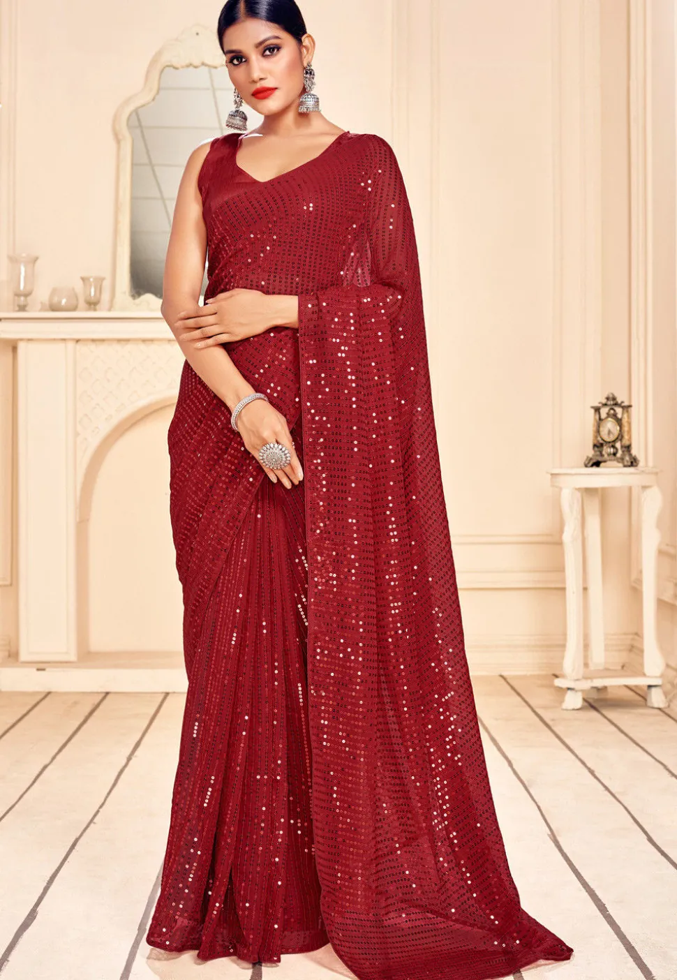 Sequinned Georgette Saree in Maroon