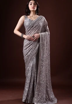 Sequinned Georgette Saree in Grey