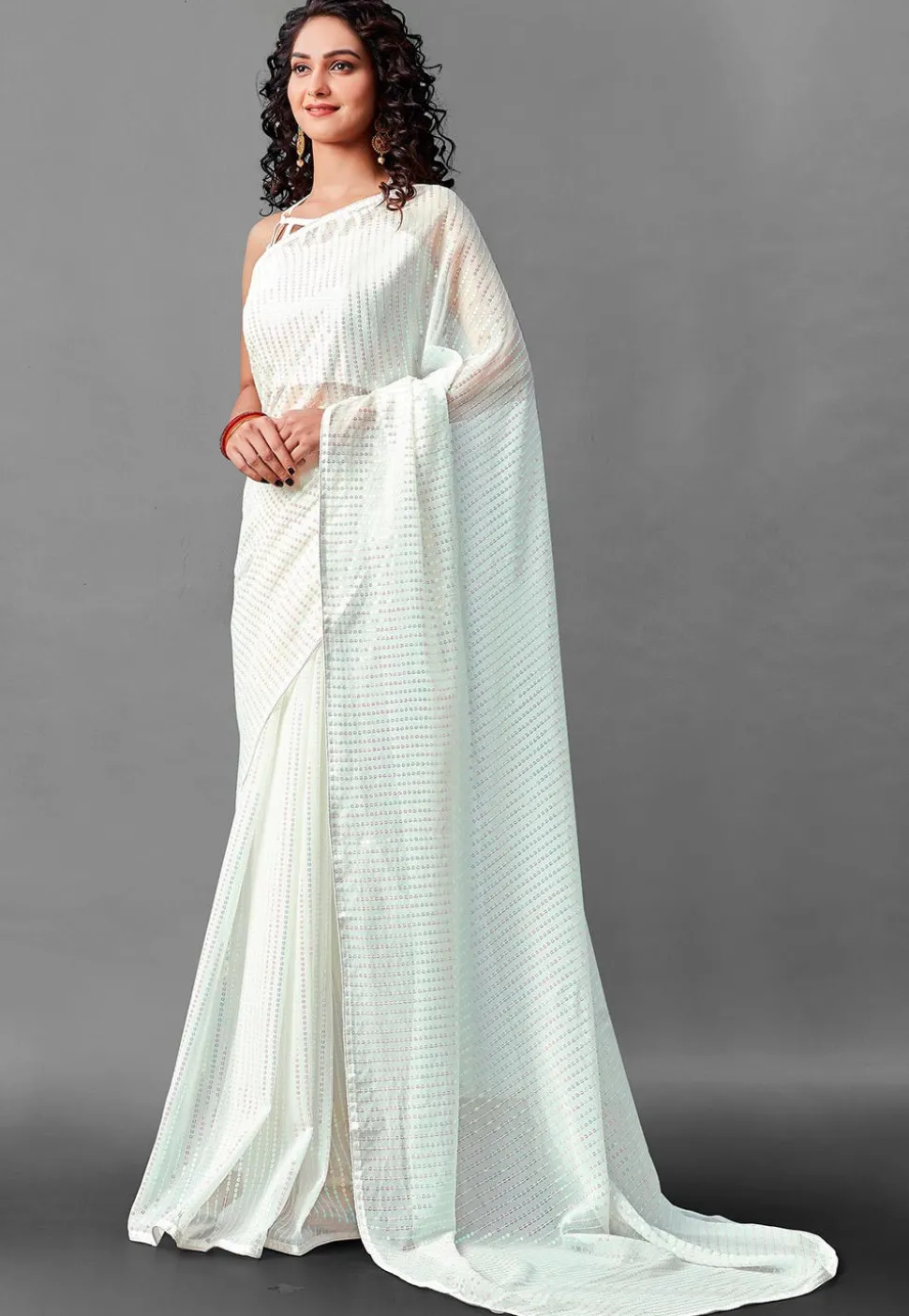 Sequinned Georgette Saree in Off White