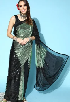 Sequinned Georgette Saree in Black and Light Green