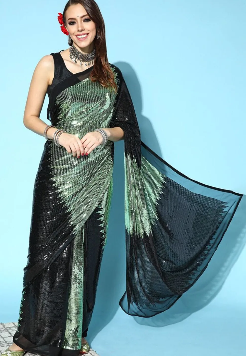 Sequinned Georgette Saree in Black and Light Green