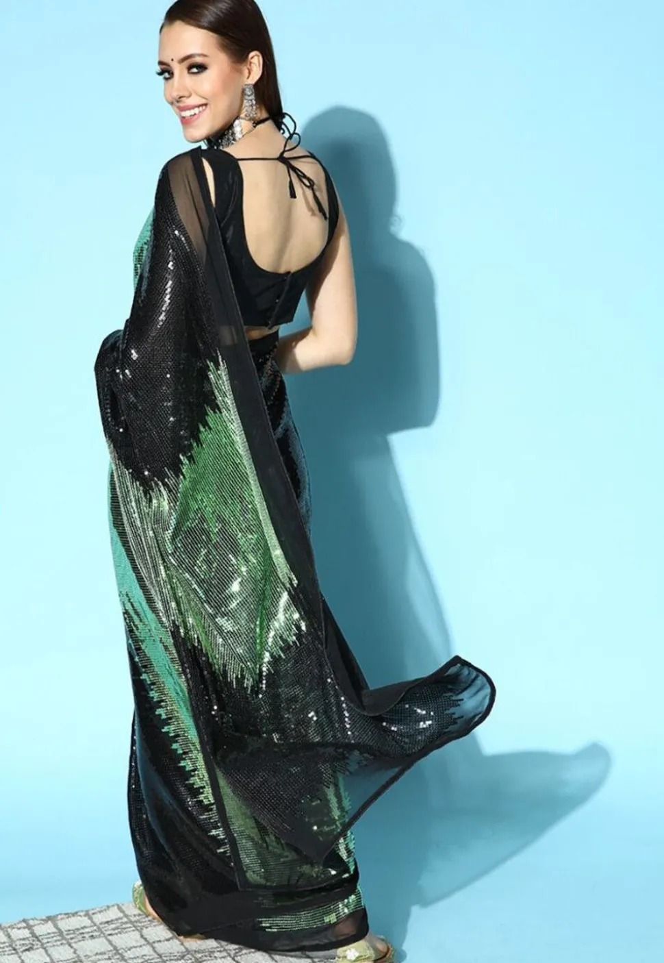 Sequinned Georgette Saree in Black and Light Green