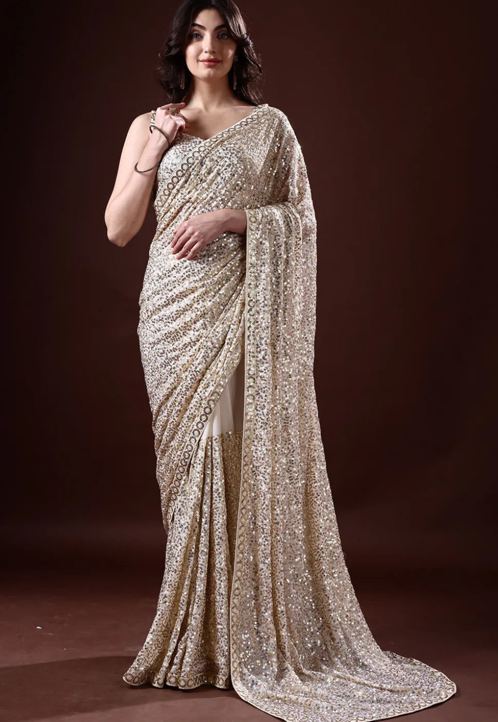 Sequinned Georgette Saree in Off White
