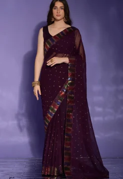Sequinned Georgette Saree in Wine