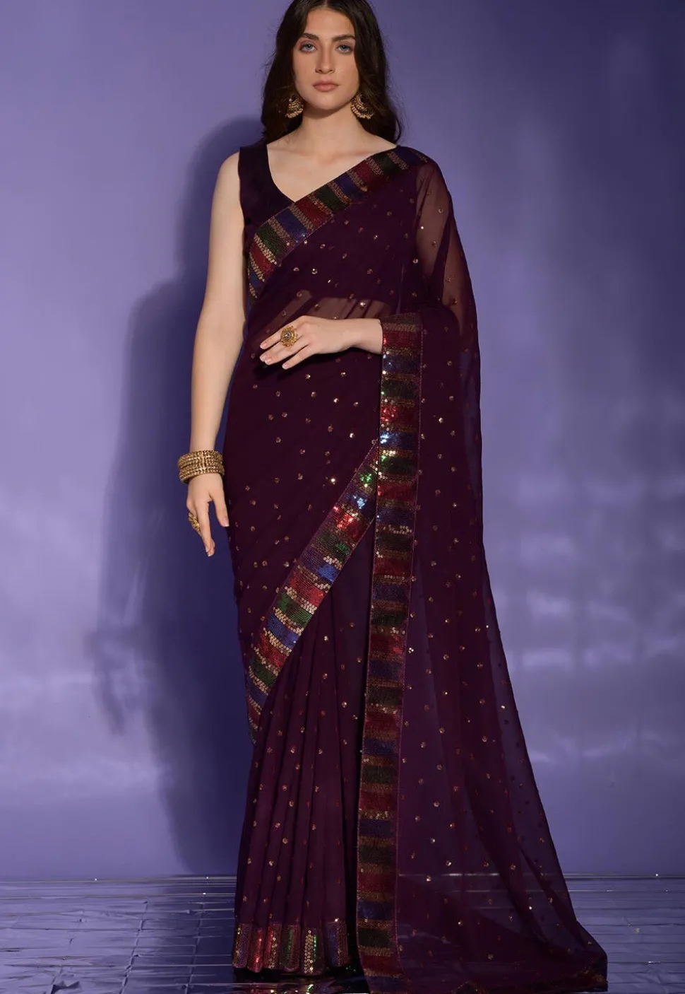 Sequinned Georgette Saree in Wine