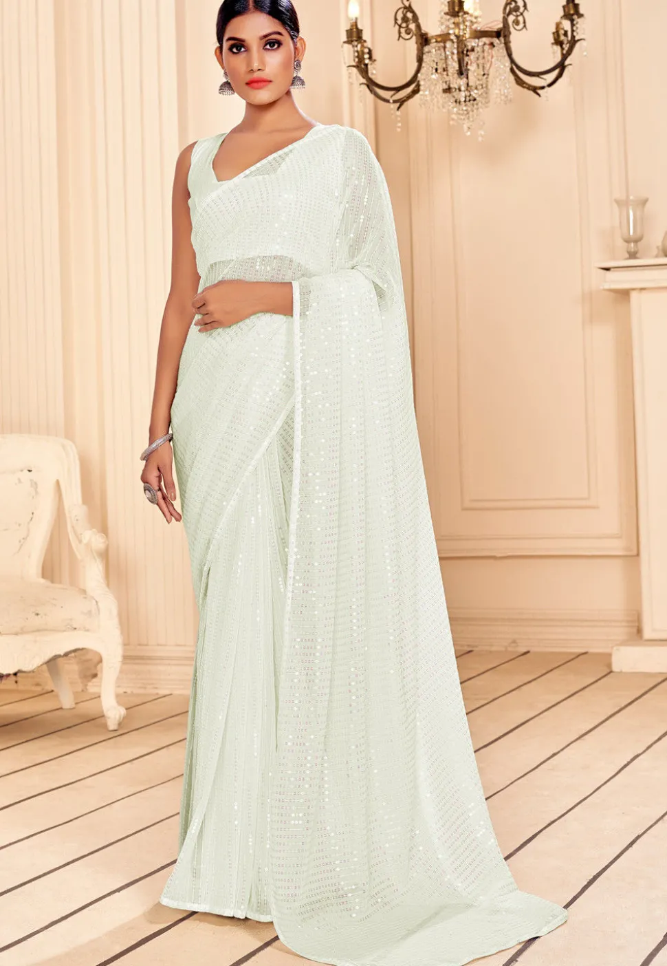 Sequinned Georgette Saree in Off White