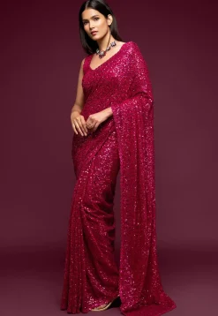 Sequinned Georgette Saree in Magenta