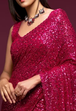 Sequinned Georgette Saree in Magenta