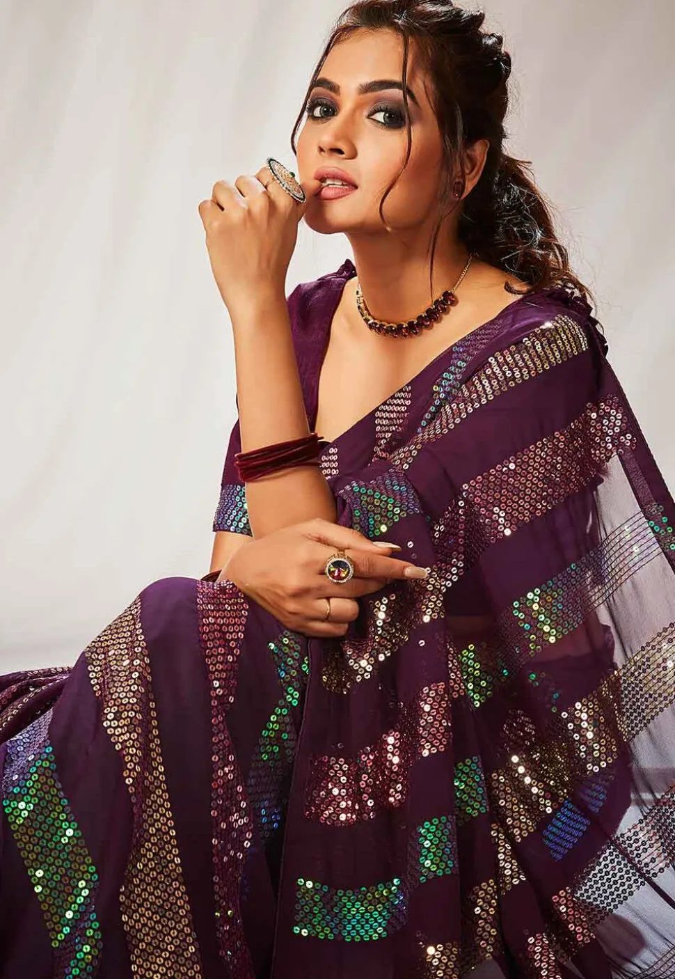 Sequinned Georgette Saree in Wine