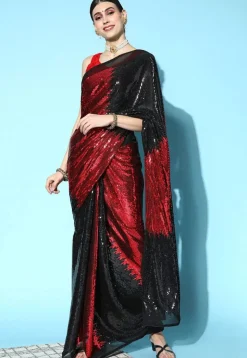 Sequinned Georgette Saree in Black and Red