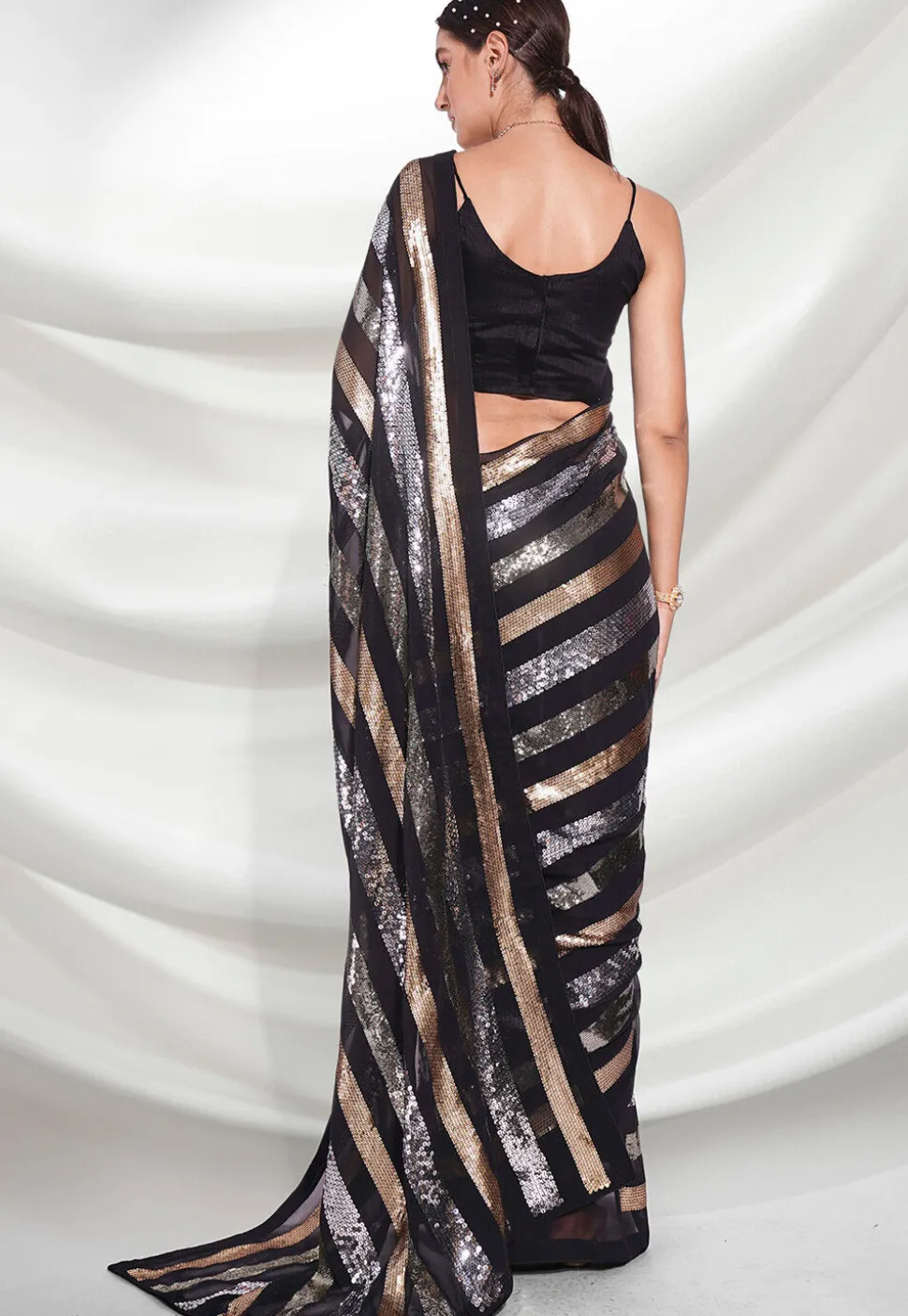 Sequinned Georgette Saree in Black