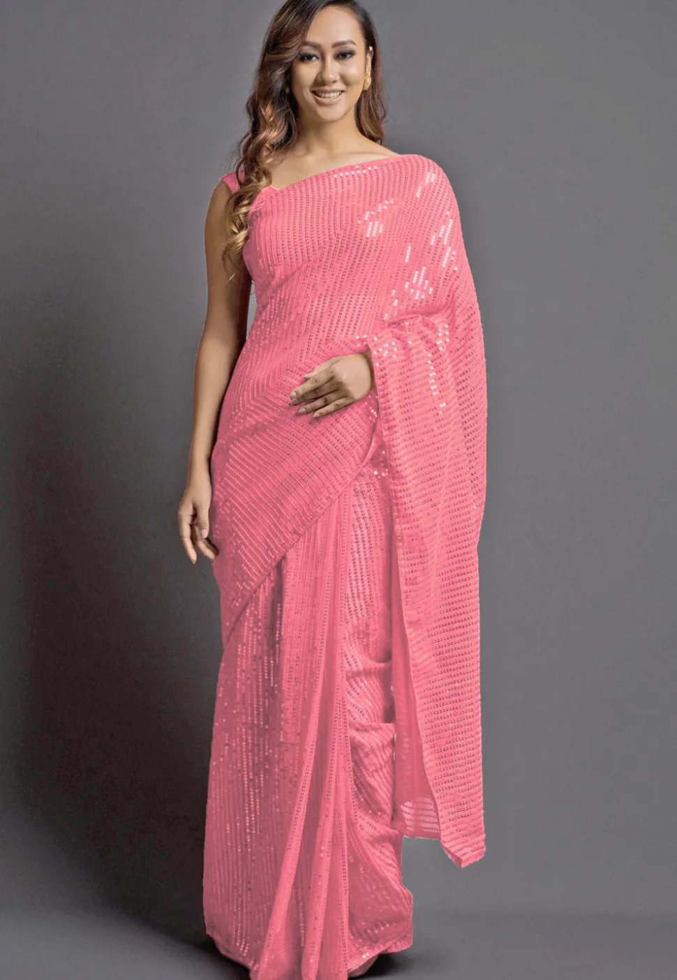 Sequinned Georgette Saree in Pink