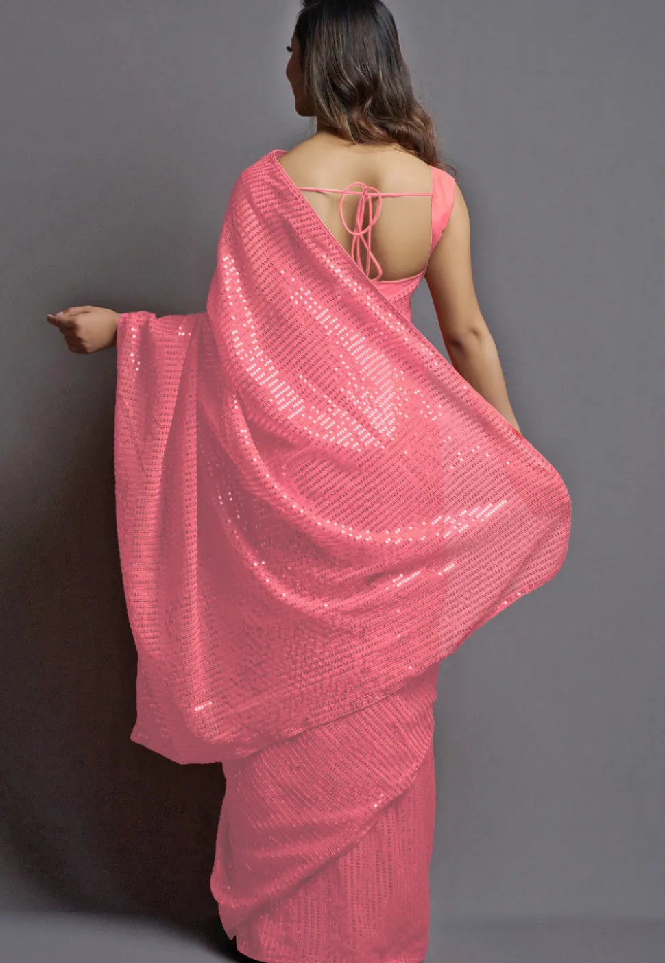 Sequinned Georgette Saree in Pink