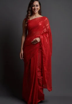 Sequinned Georgette Saree in Maroon