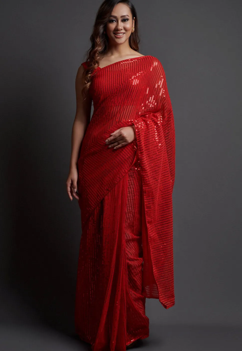Sequinned Georgette Saree in Maroon