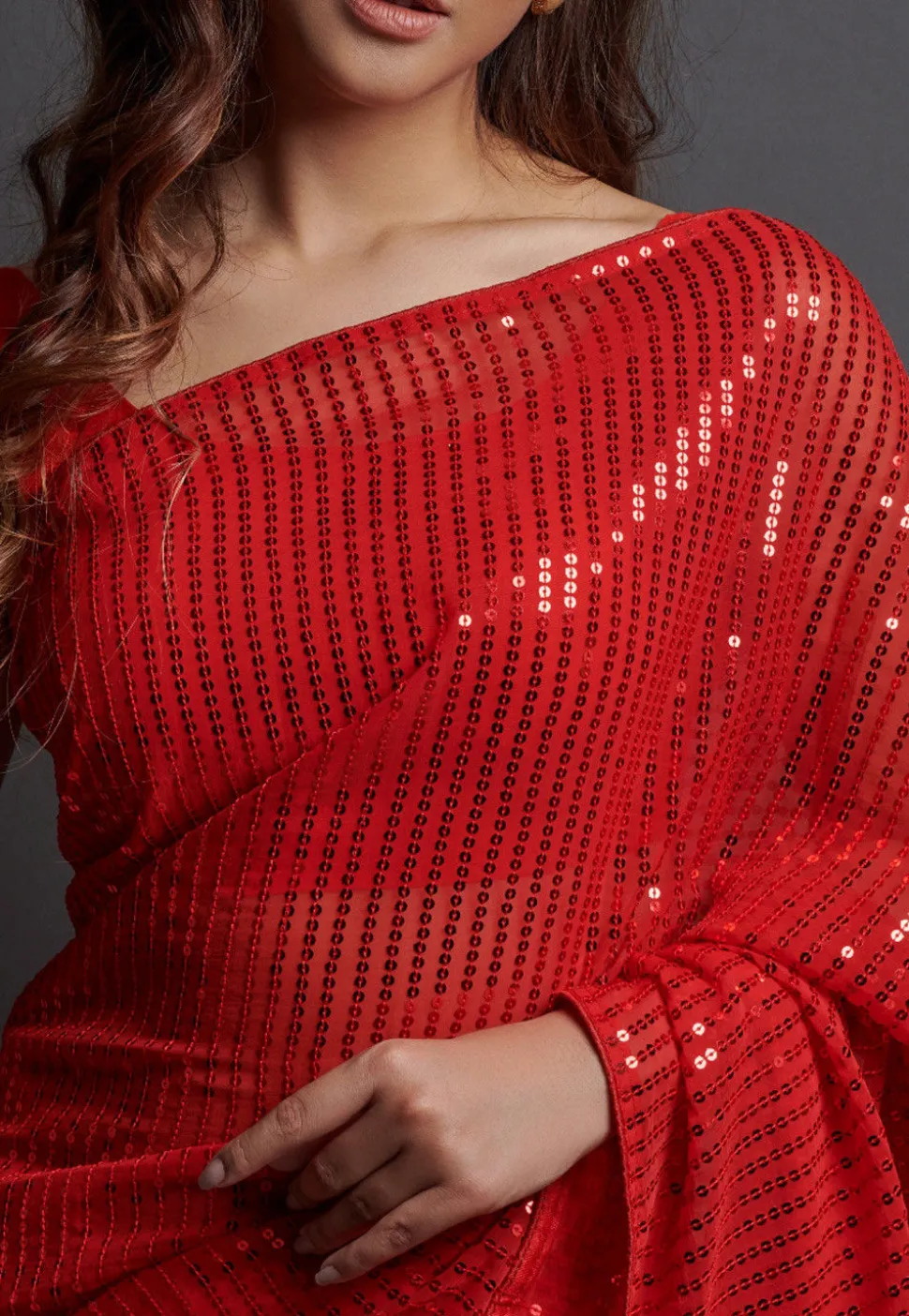 Sequinned Georgette Saree in Maroon