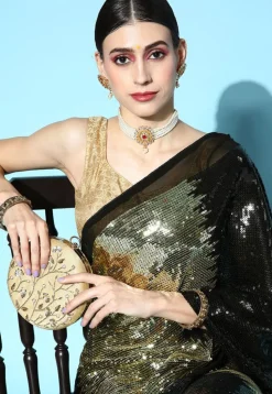 Sequinned Georgette Saree in Black and Golden