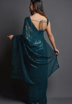 Sequinned Georgette Saree in Dark Teal Blue