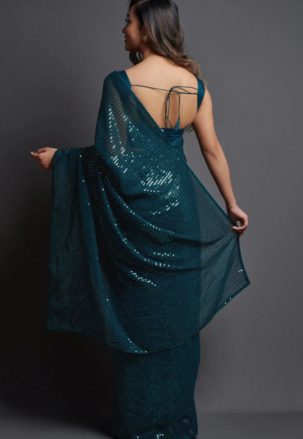 Sequinned Georgette Saree in Dark Teal Blue