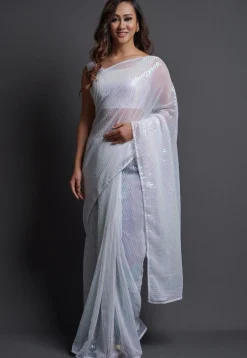 Sequinned Georgette Saree in White