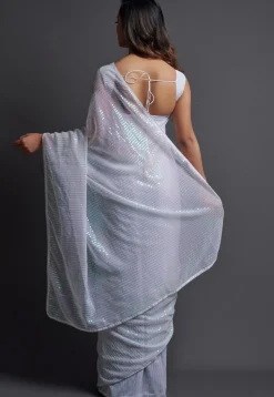 Sequinned Georgette Saree in White