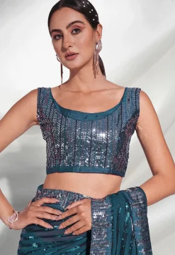 Sequinned Georgette Saree in Teal Blue