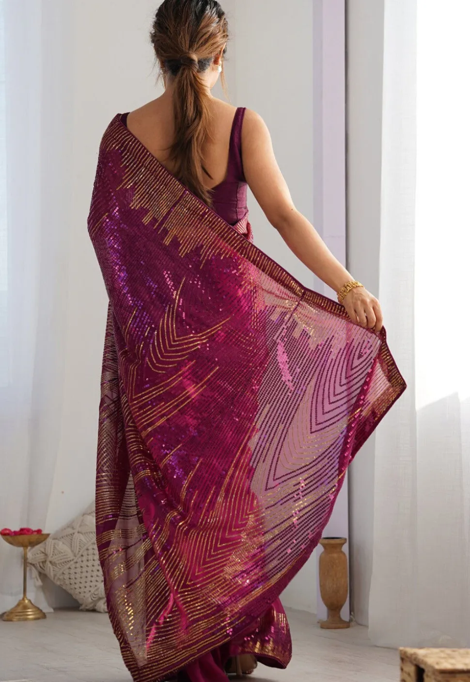 Sequinned Georgette Saree in Magenta