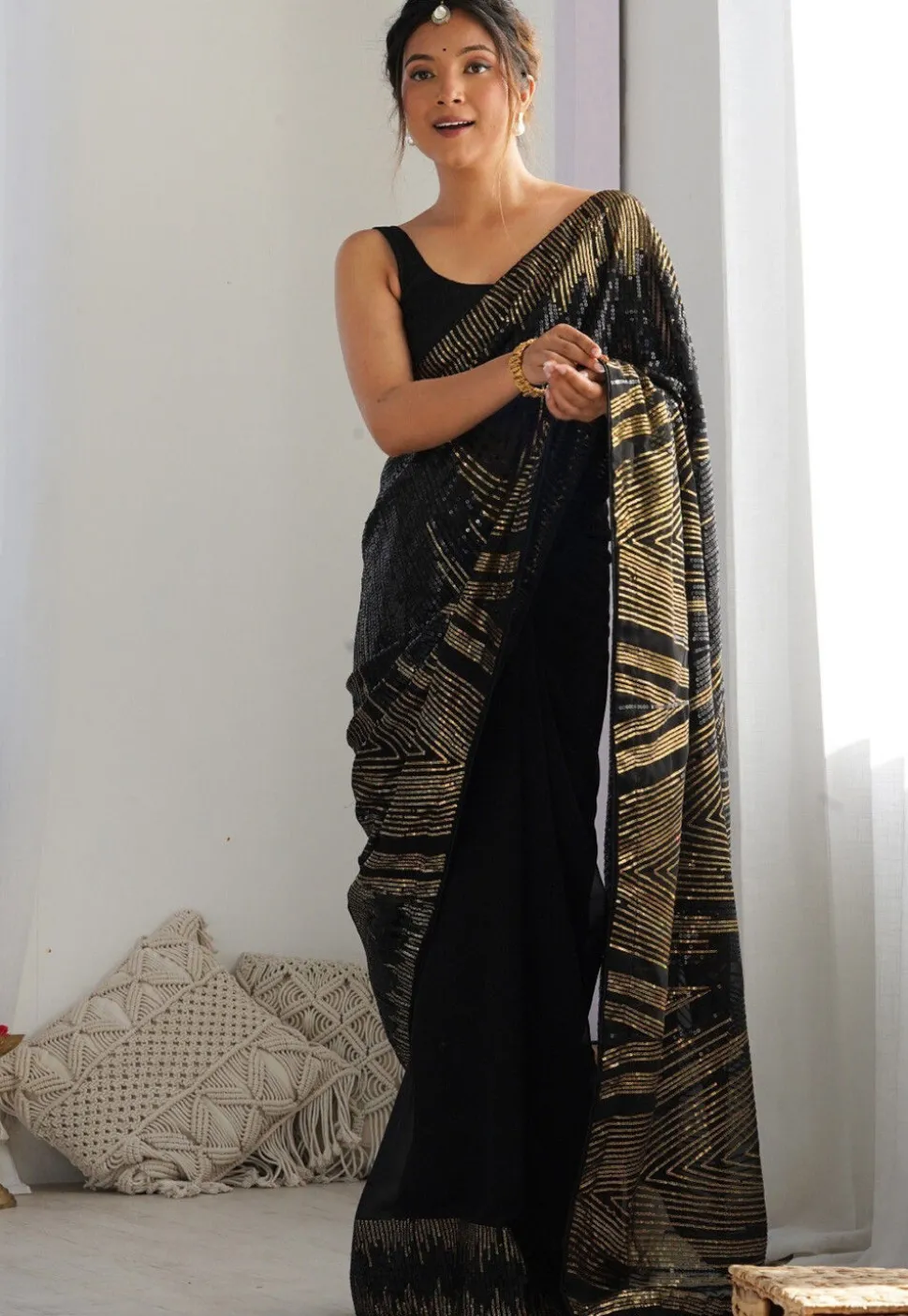 Sequinned Georgette Saree in Black