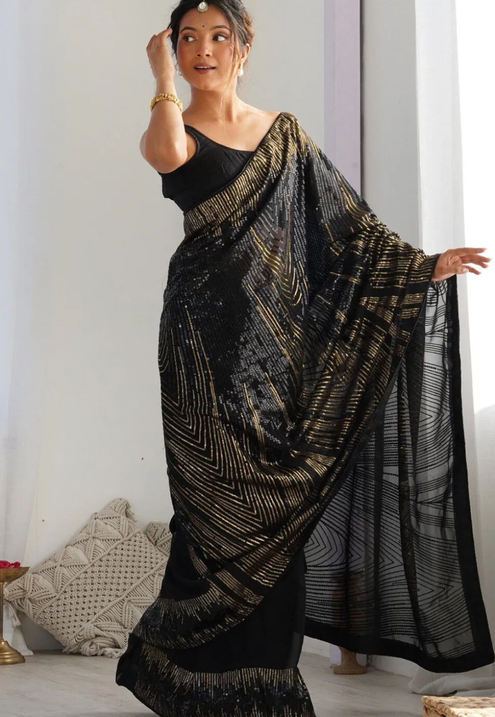 Sequinned Georgette Saree in Black