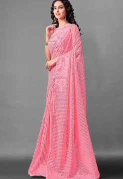 Sequinned Georgette Saree in Pink