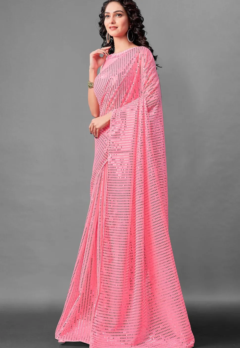 Sequinned Georgette Saree in Pink