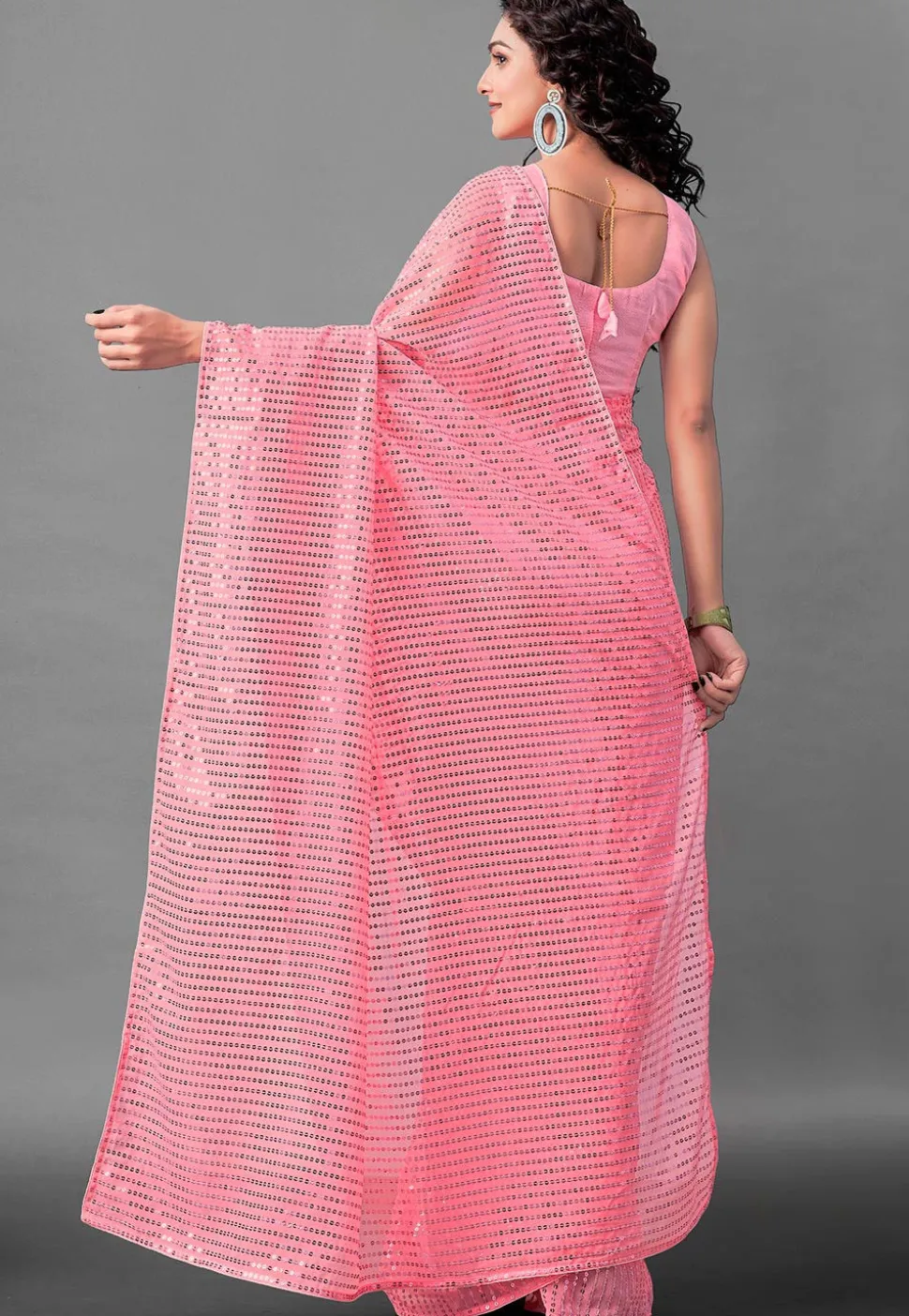 Sequinned Georgette Saree in Pink