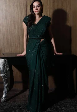 Sequinned Georgette Silk Saree in Dark Green