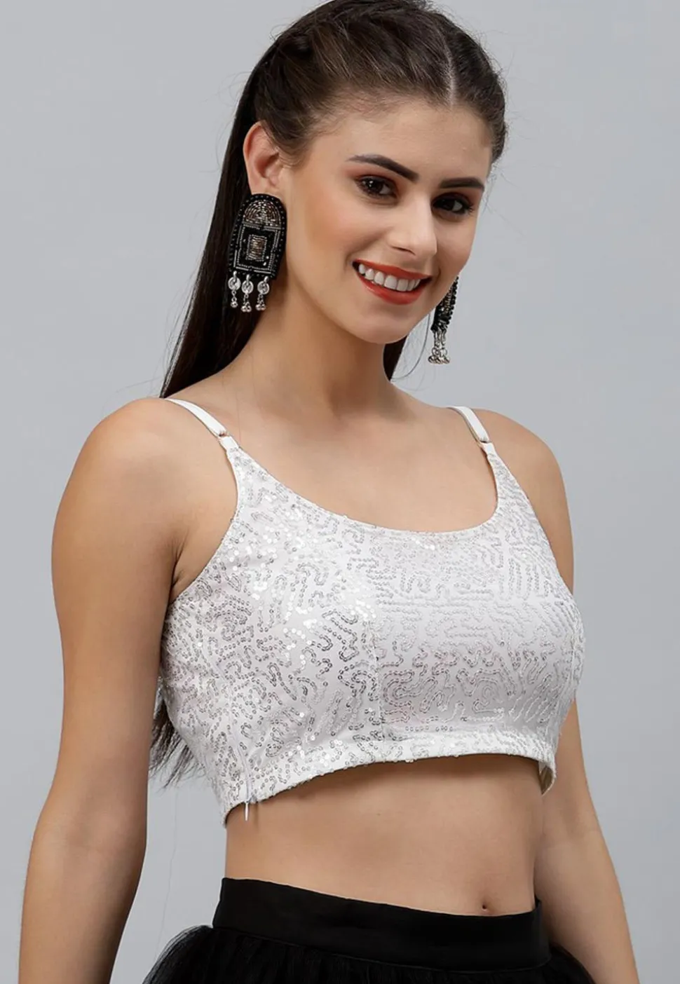Sequinned Net Crop Top in White