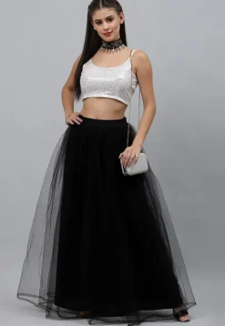 Sequinned Net Crop Top in White