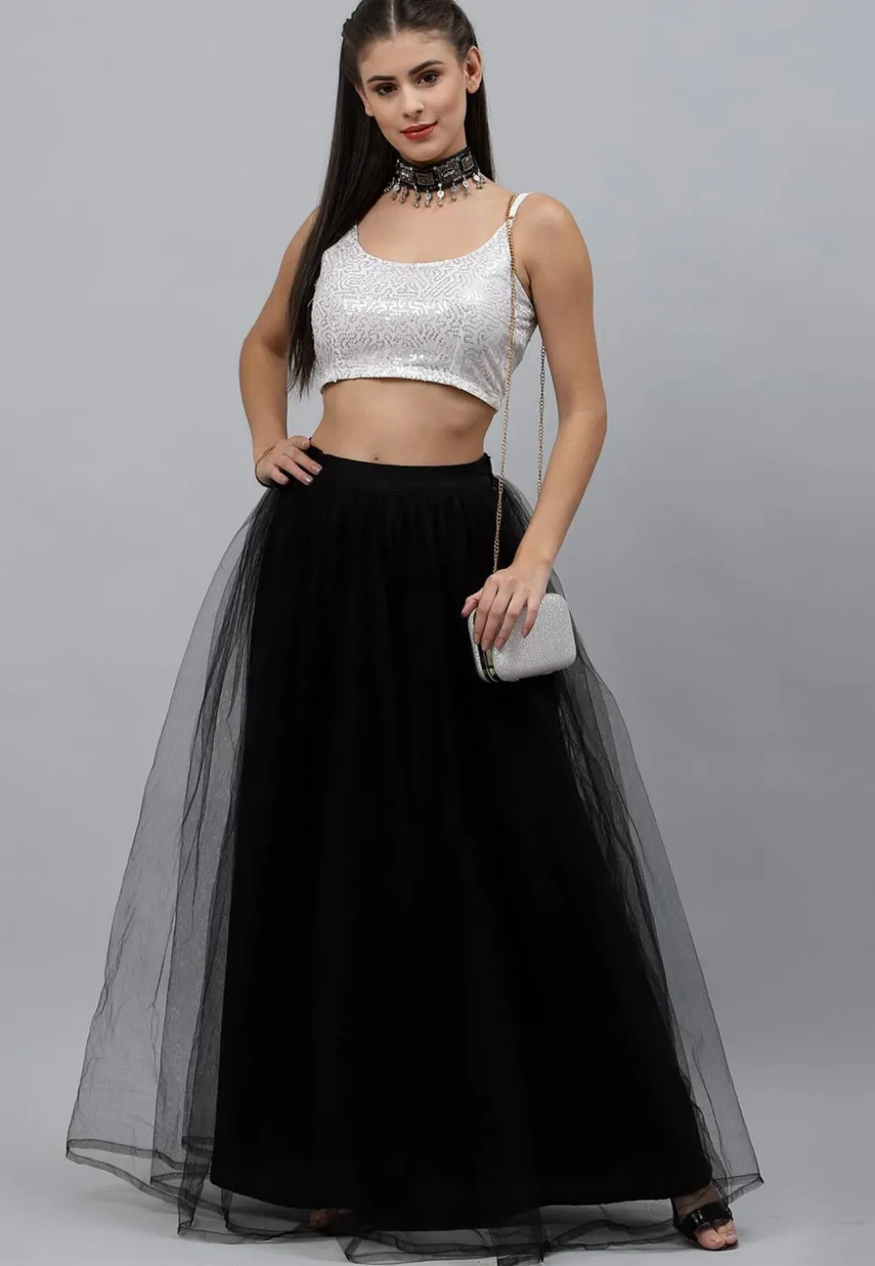 Sequinned Net Crop Top in White