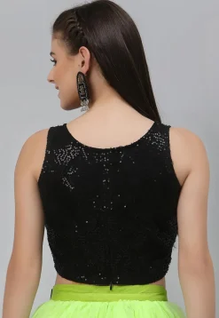 Sequinned Net Crop Top in Black
