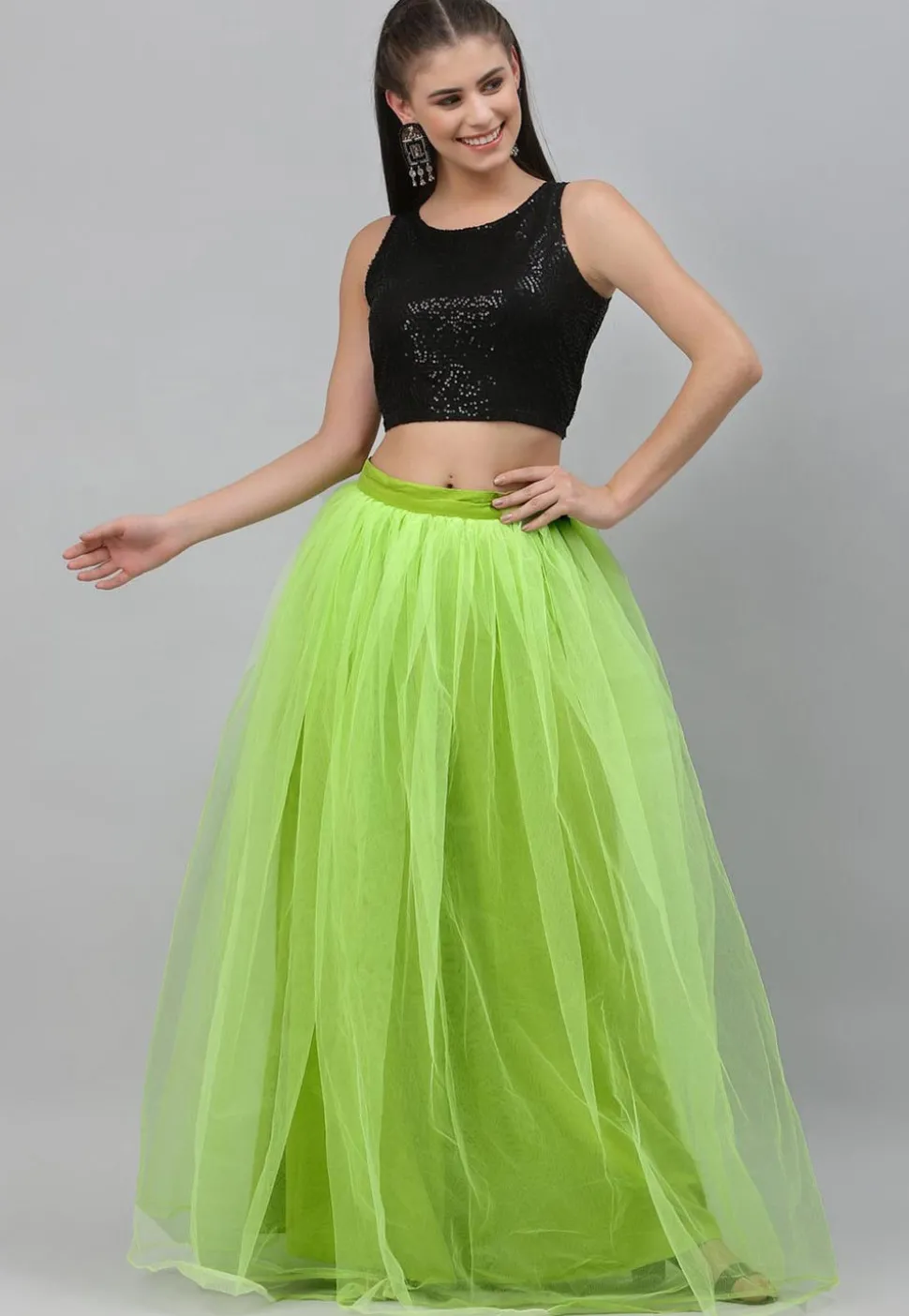 Sequinned Net Crop Top in Black