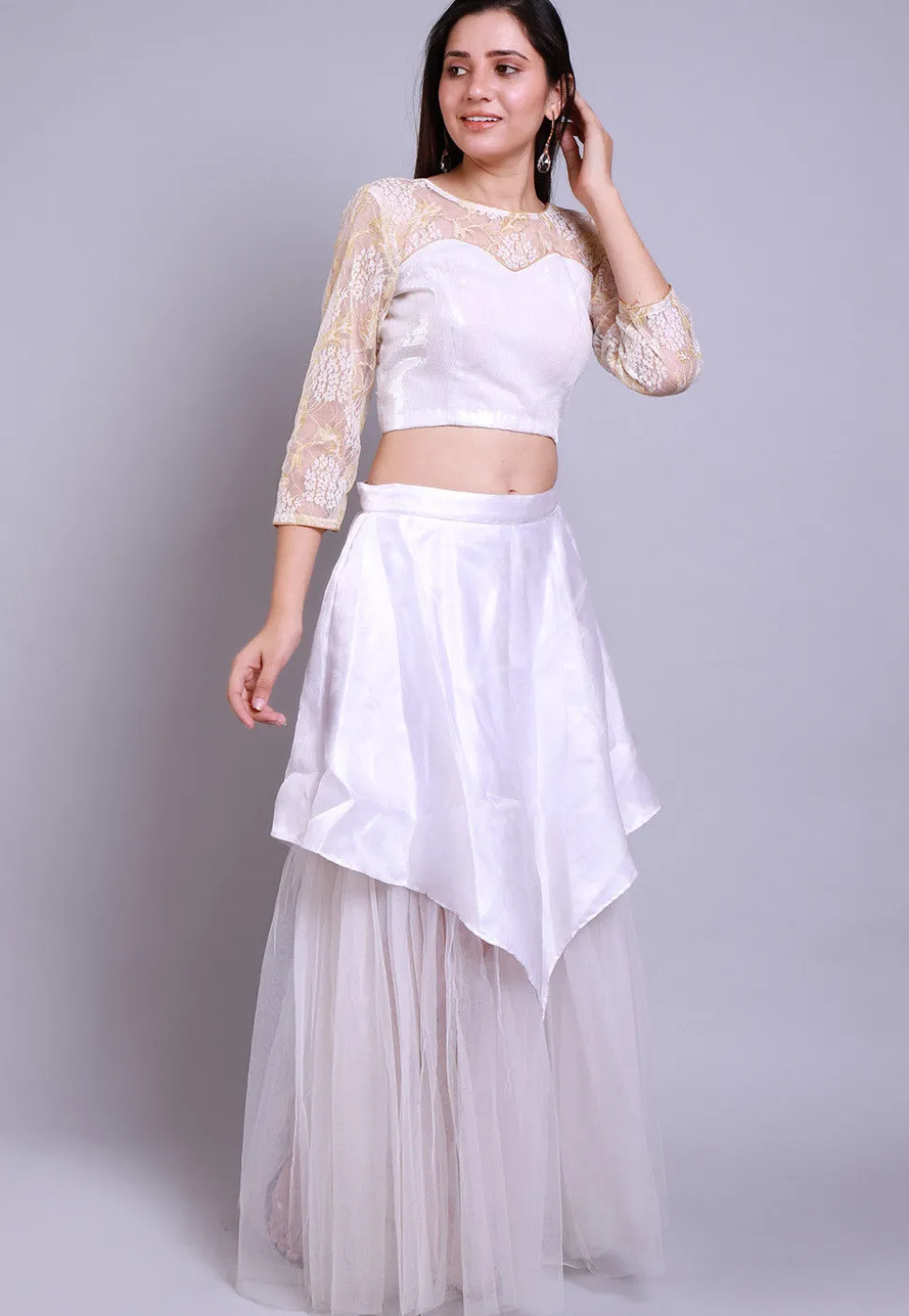 Sequinned Net Crop Top with Skirt in White