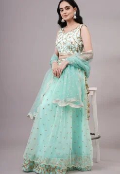 Sequinned Net Lehenga in Sea Green