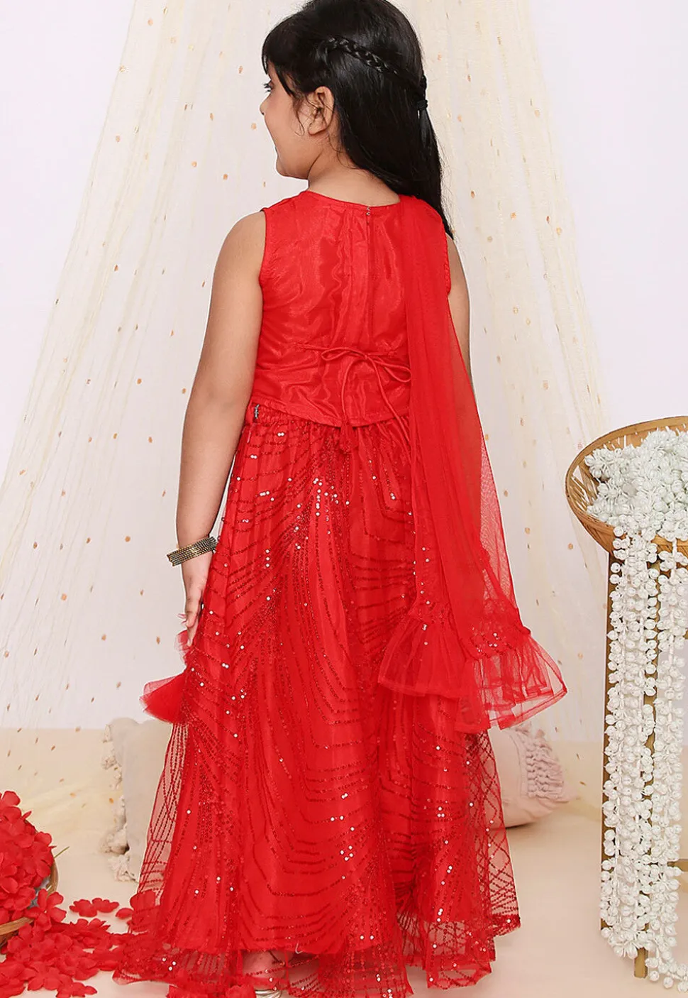 Sequinned Net Lehenga in Red